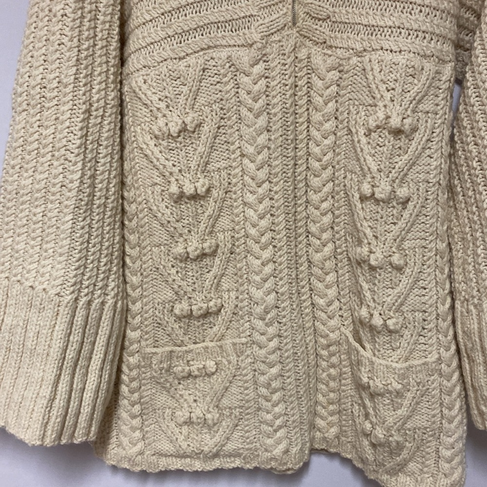 Hand Knit Wool Cable Hoodie Sweater Cream Chunky Flared Cuff Cottage Core Medium - Picture 9 of 12